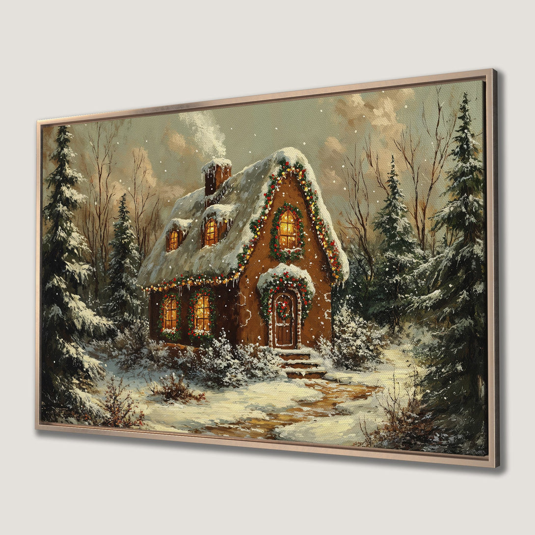 Framed Wall Art: Cozy winter cottage scene in a warm, neutral palette. Rustic style Canvas Print with snow-covered trees and a charming holiday feel.