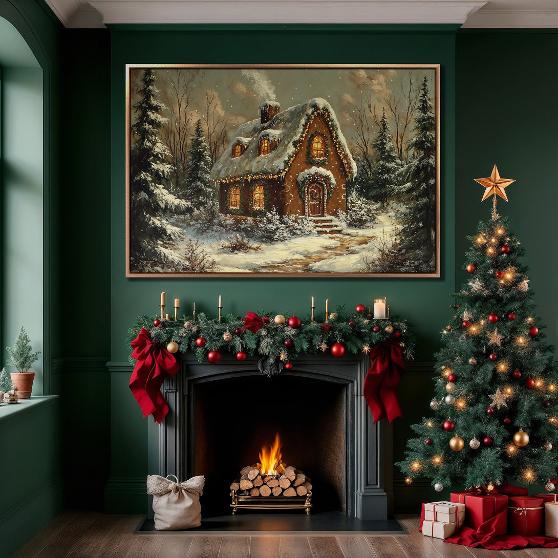 Framed Wall Art of a cozy winter cottage scene in warm tones, displayed in a festive green interior. Perfect holiday decor for a touch of warmth.