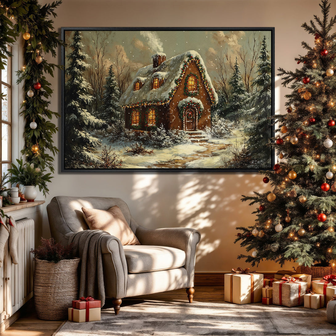 Framed Wall Art: Winter cottage scene in a cozy interior. Warm, inviting colors. Perfect holiday decor. Add a touch of winter charm to your home!
