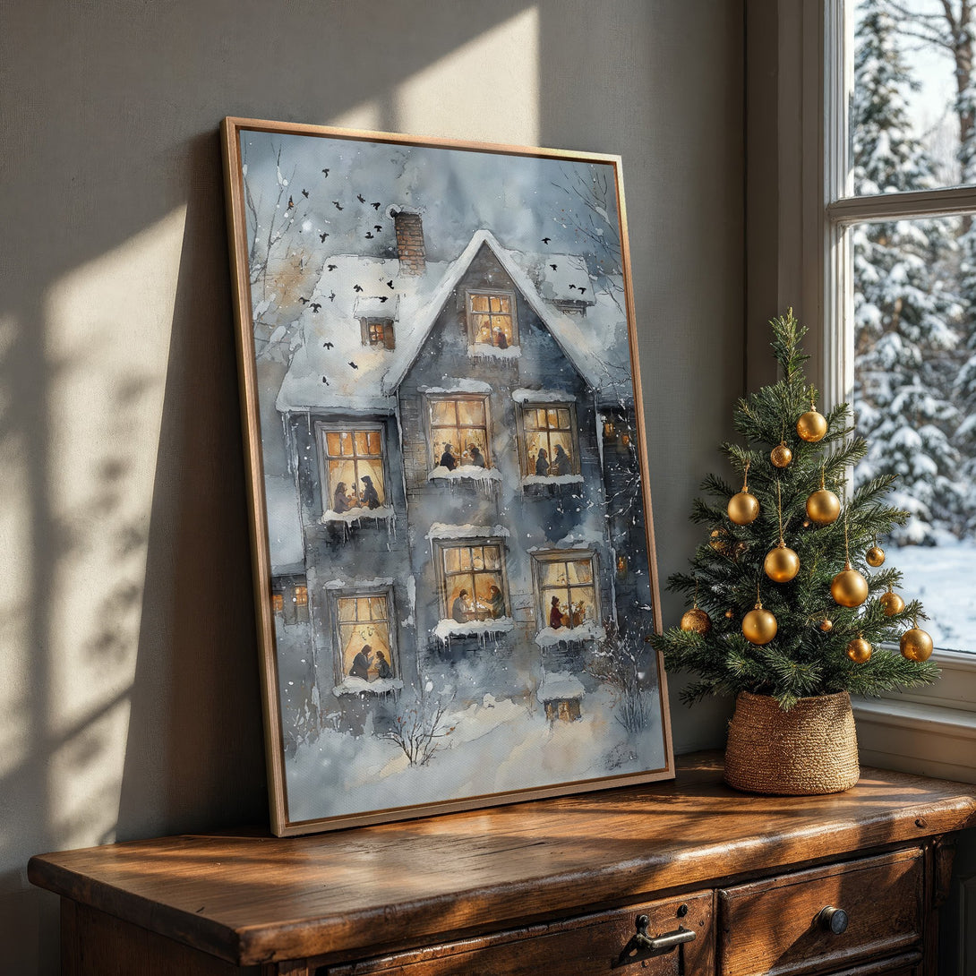 Framed Wall Art: Cozy winter scene Canvas Print. Watercolor style, depicting a snowy house with warm inviting lights. Cool blue and gray palette. Perfect holiday decor.