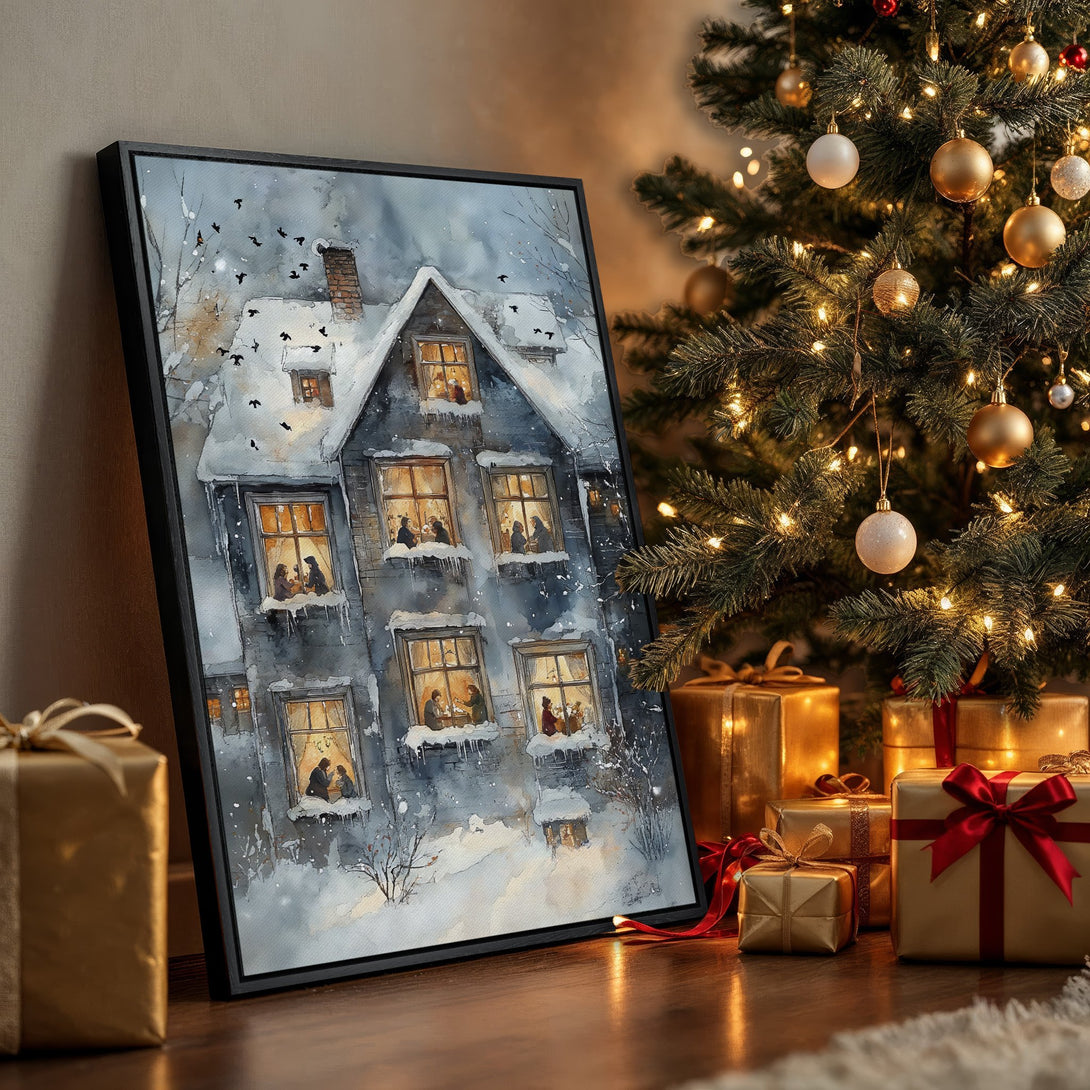 Framed Wall Art of a cozy winter scene with a snow-covered house, watercolor style, and a cool blue and gray palette. Perfect holiday decor!