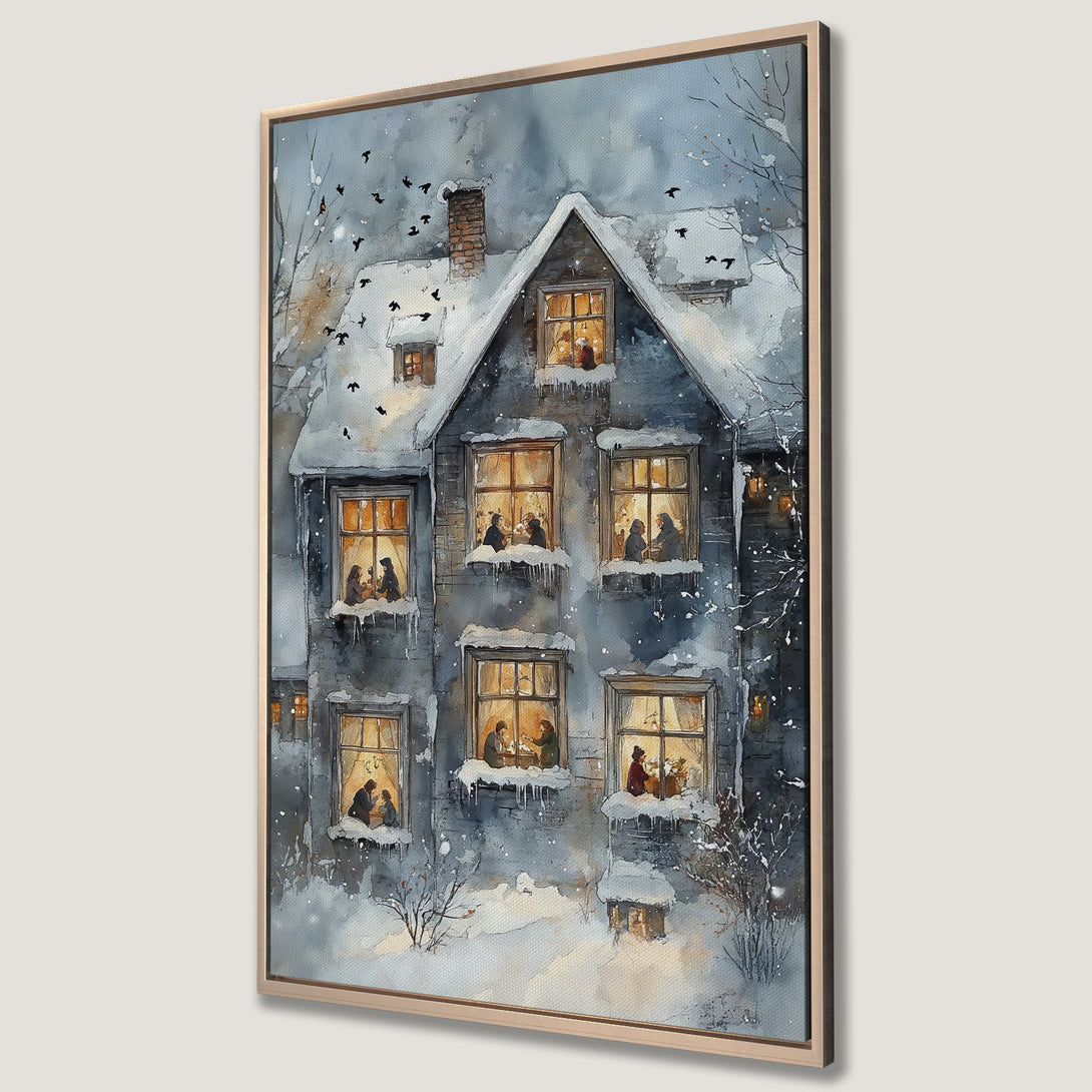 Framed Wall Art: Cozy winter scene of a snow-covered house with warm, inviting lights. Watercolor style with blue and gray tones. Perfect holiday decor.