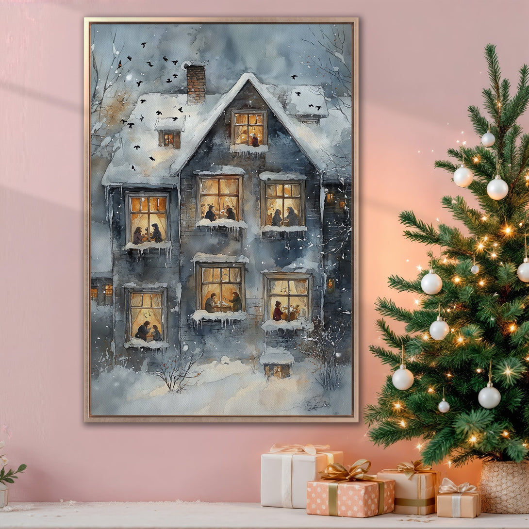 Framed Wall Art: Watercolor winter scene of a cozy house with warm lights. Cool blue and gray tones create a festive and inviting holiday atmosphere.