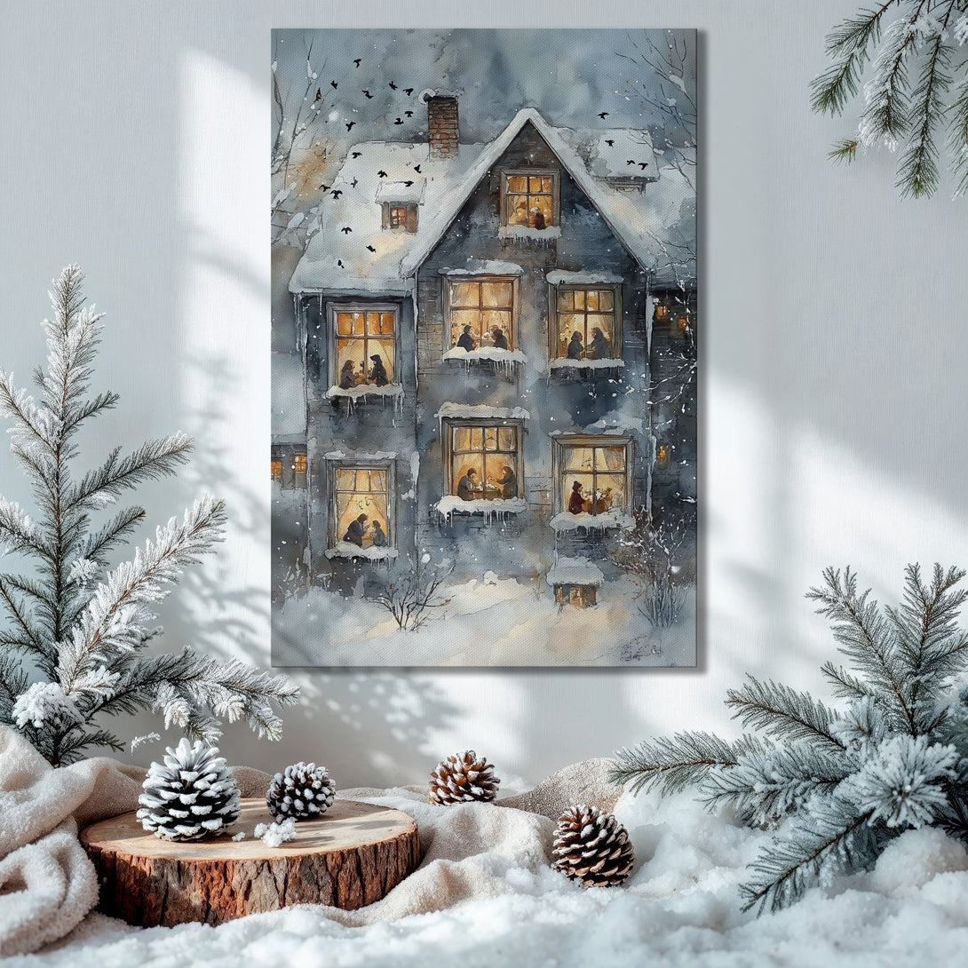 Framed Wall Art: Winter scene Canvas Print of a cozy house in watercolor style, featuring a blue and gray palette. Perfect holiday decor.