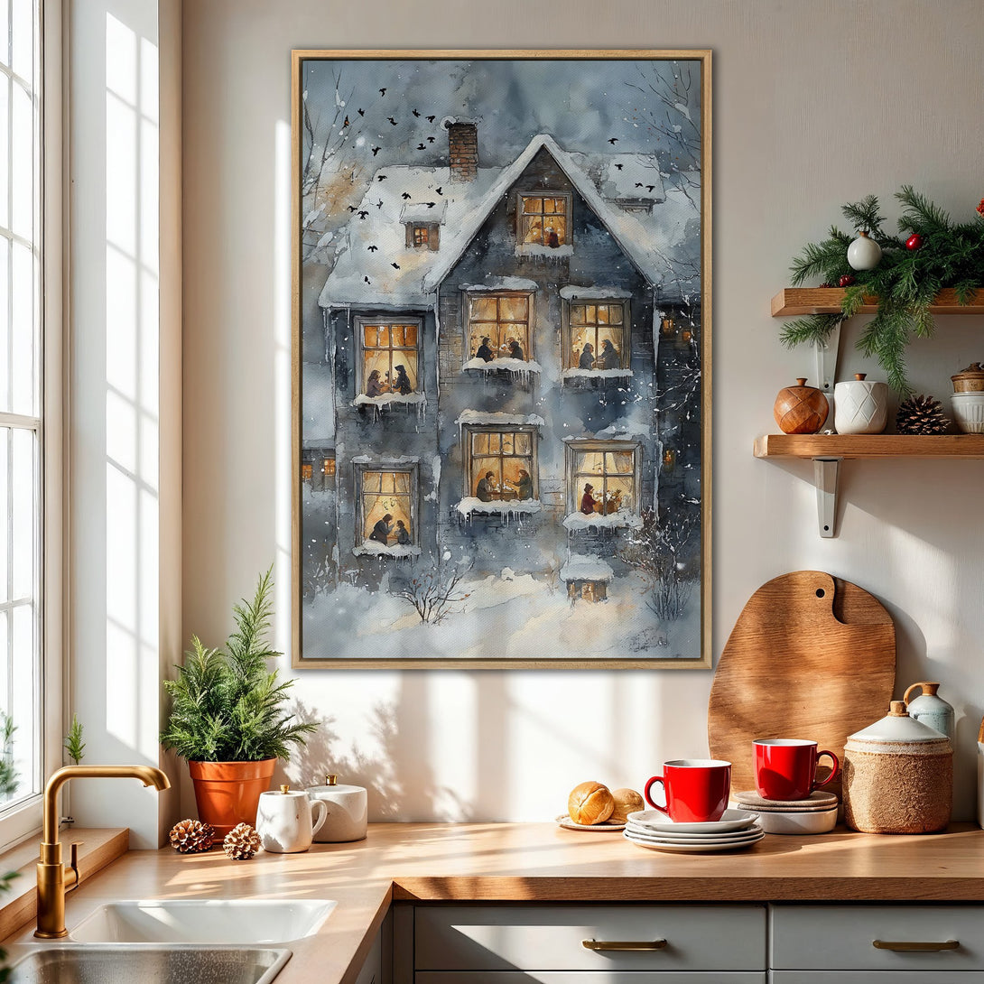 Framed Wall Art: Cozy winter scene Canvas Print. Watercolor style, featuring a snow-covered house with warm interior light, in a cool blue and gray palette.