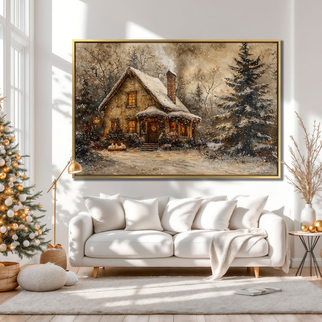 Canvas Print of a cozy winter cabin scene in neutral tones, perfect for adding warmth and holiday charm to your home.