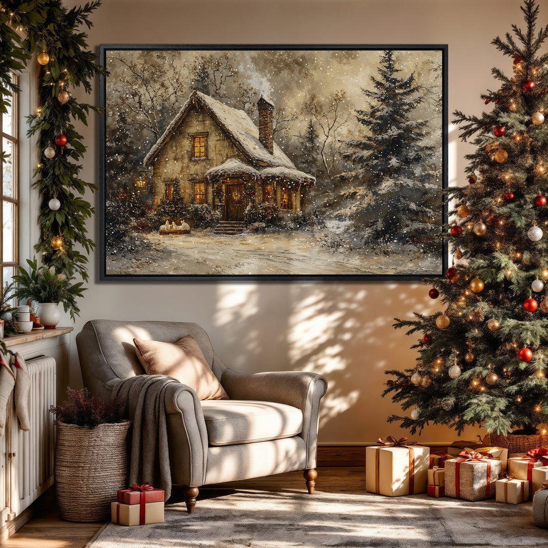 Framed Wall Art: Cozy winter cottage scene in neutral tones. Perfect holiday decor! Warm, inviting artwork for your home.