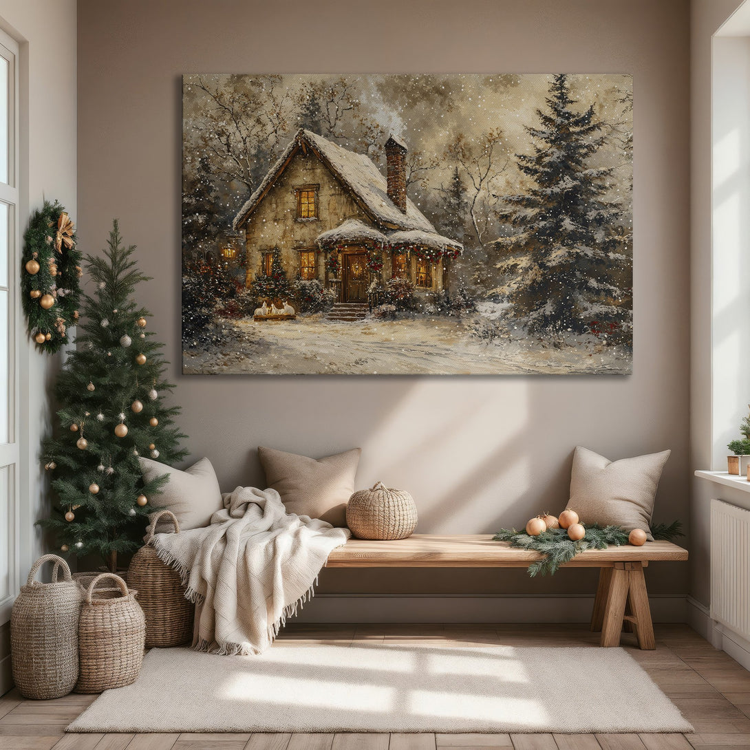 Framed Wall Art: Cozy winter cottage scene in warm neutral tones. Perfect for adding a touch of holiday charm to your living room. Shop now!