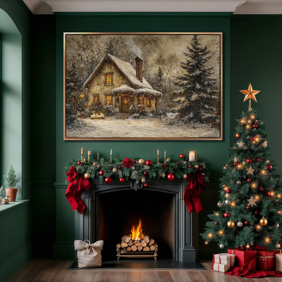 Framed Wall Art: Winter scene Canvas Print in a cozy interior. Rustic style with warm neutrals and deep green accents. Perfect holiday decor!