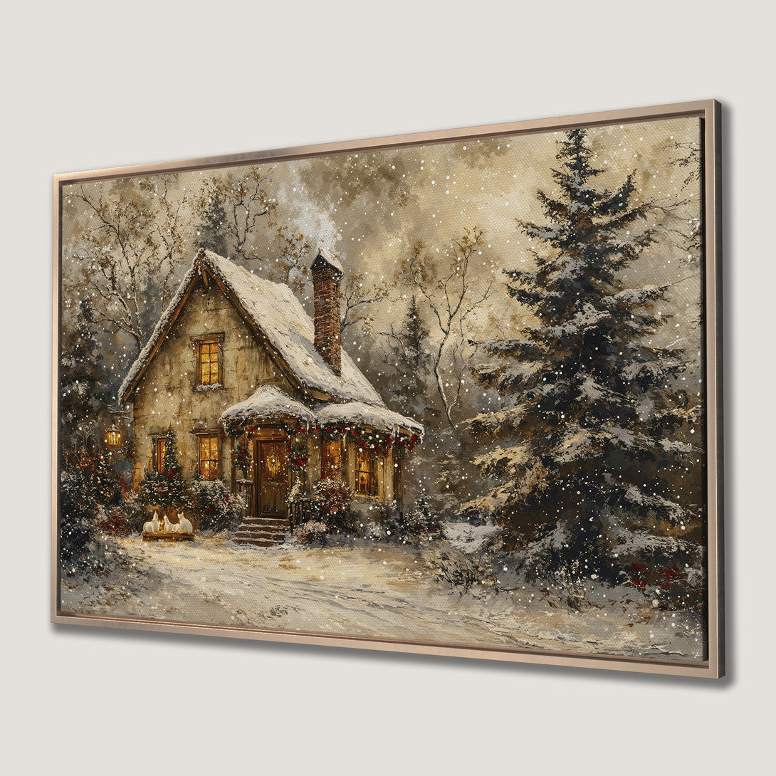 Framed Wall Art: Winter cottage scene canvas print in warm, neutral tones. Cozy artwork with snow-covered house and trees. Perfect for holiday decor.