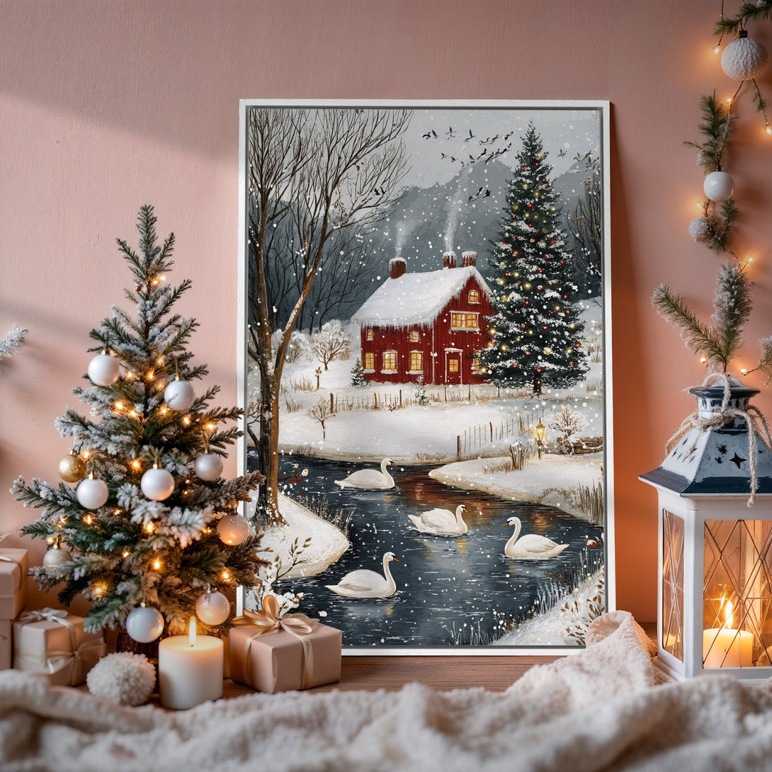 Framed Wall Art: Winter landscape with swans, red house, and snowy trees. Cozy, warm color palette with white frame. Perfect holiday decor.