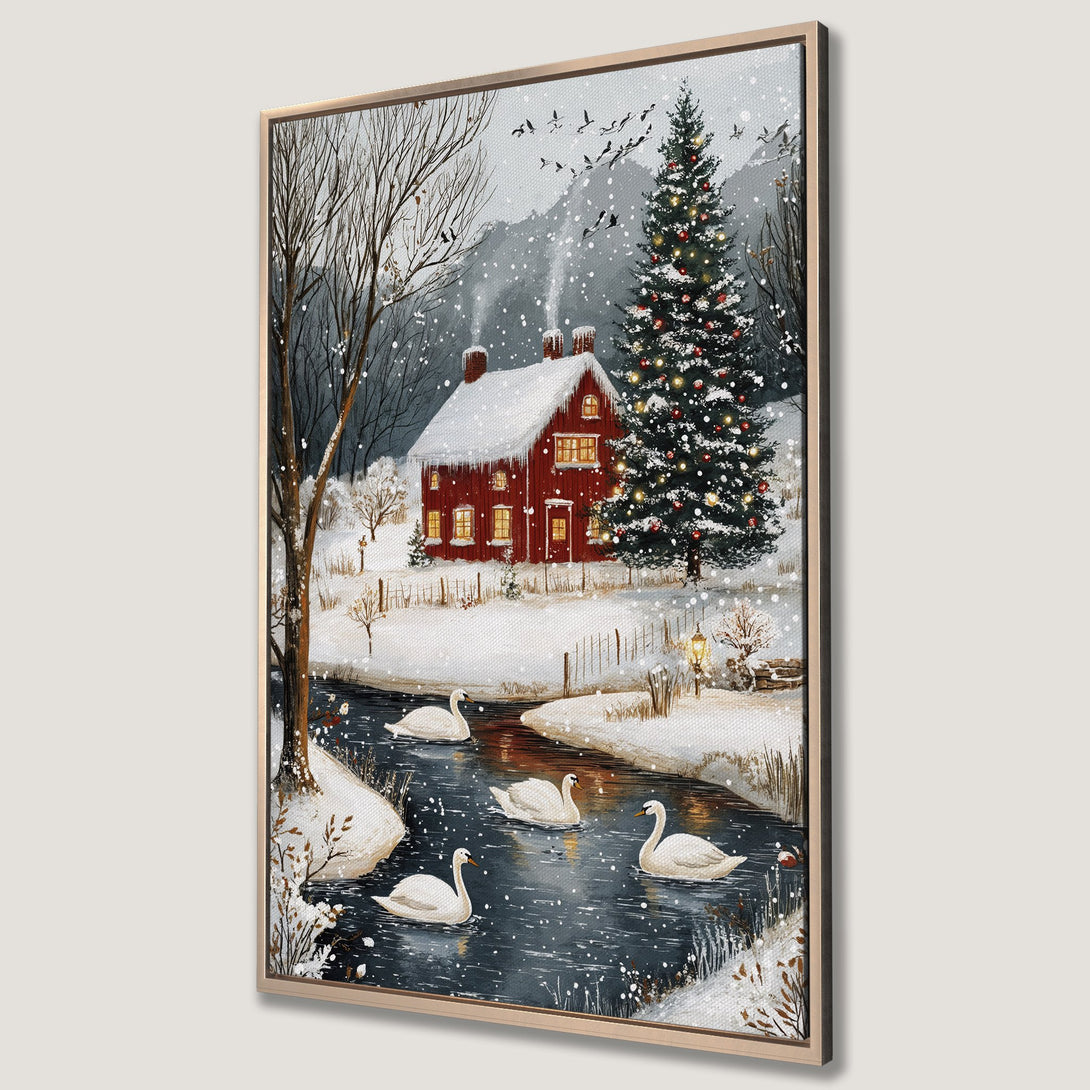 Framed Wall Art: Winter scene canvas print featuring a red cabin, swans, and a snowy landscape. Warm, inviting color palette for cozy home decor.
