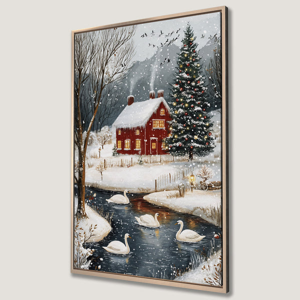 Framed Wall Art: Winter scene canvas print featuring a red cabin, swans, and a snowy landscape. Warm, inviting color palette for cozy home decor.