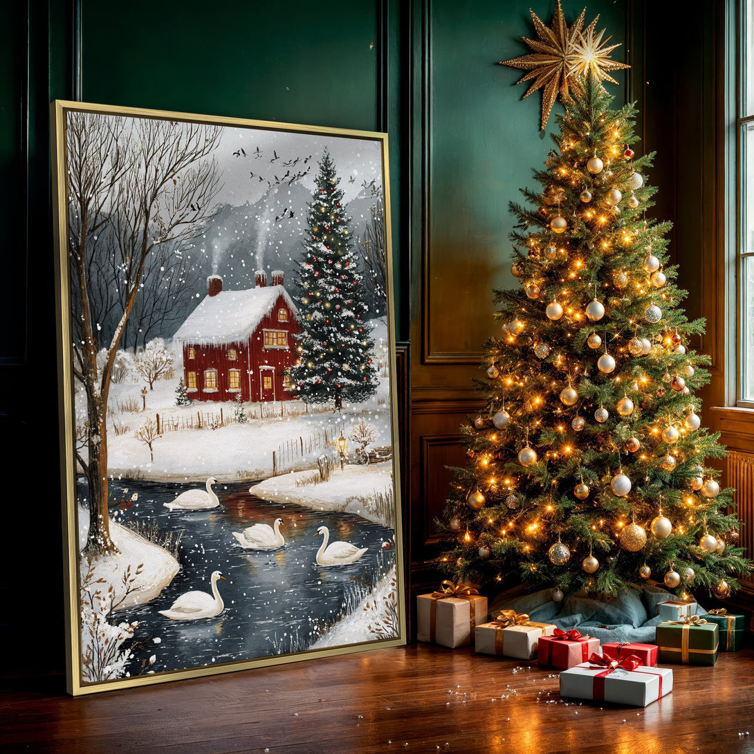 Canvas Print of a winter landscape with swans, red house, and snow. Charming, cozy artwork in a cool, muted color palette. Perfect wall decor.