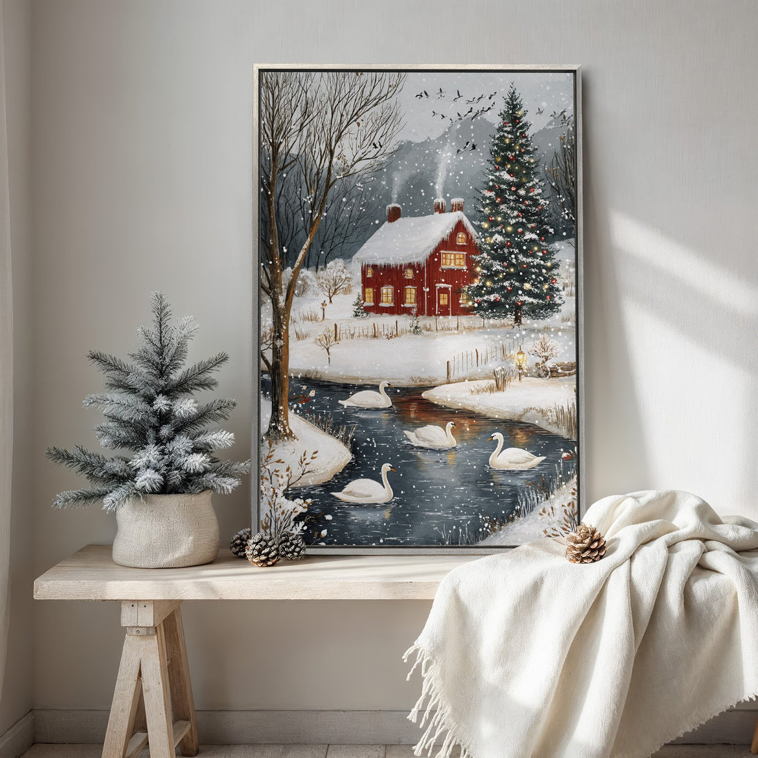 Framed Wall Art: Winter scene with red house, swans, and snowy landscape. Cozy, artistic style with a cool, muted color palette. Perfect for holiday decor.