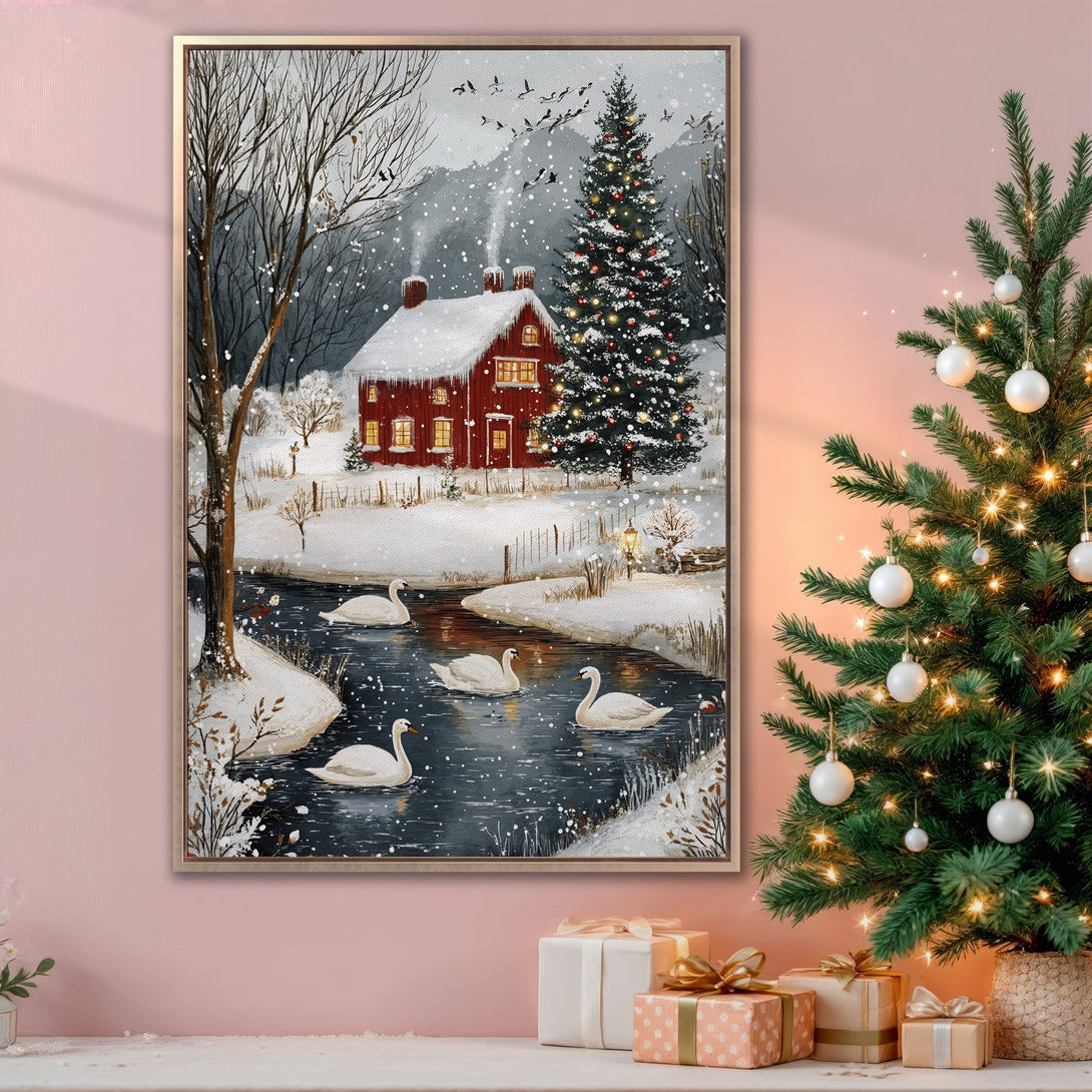 Framed Wall Art: Winter landscape Canvas Print with a red cabin, swans, and Christmas tree. Features a cozy, snowy scene with a cool color palette.
