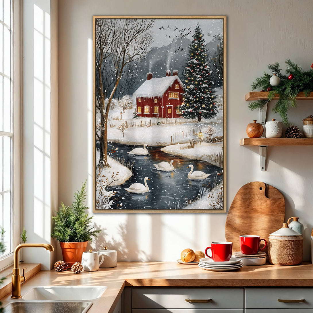 Framed Wall Art: Winter landscape canvas print featuring a snowy scene with swans, a red house, and a Christmas tree. Neutral and warm color palette.
