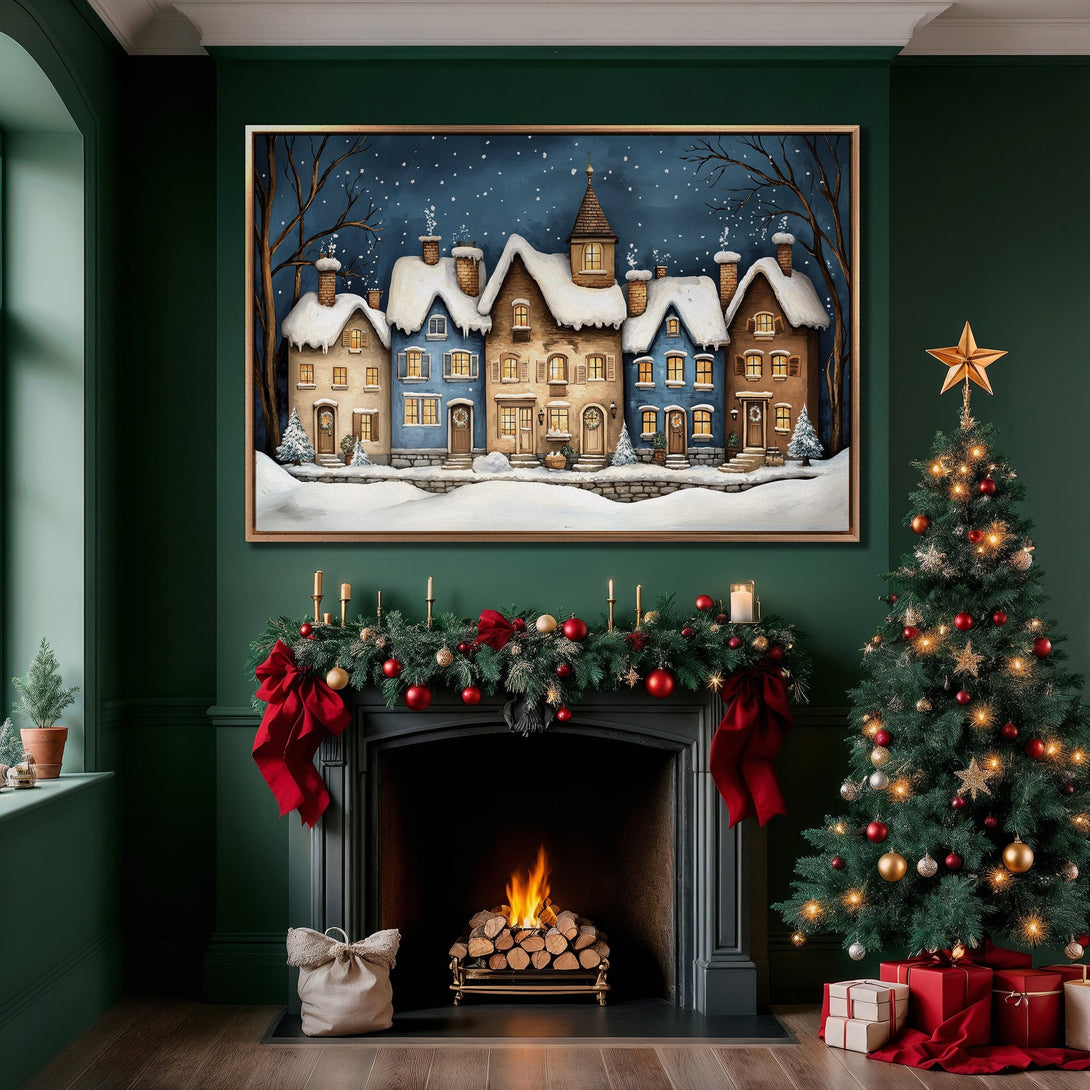 Framed Wall Art: Winter village scene in a cozy interior. Warm, inviting colors with a touch of blue and gold. Perfect for holiday decor!