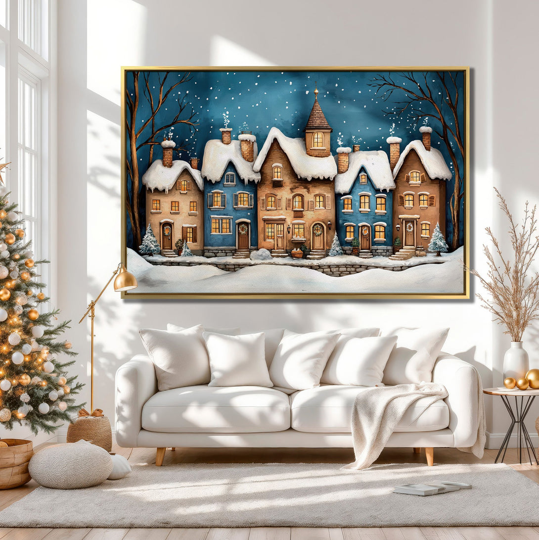 Canvas Print of a cozy winter village scene in a warm, inviting interior. Features a blue and beige color palette, perfect for holiday decor.
