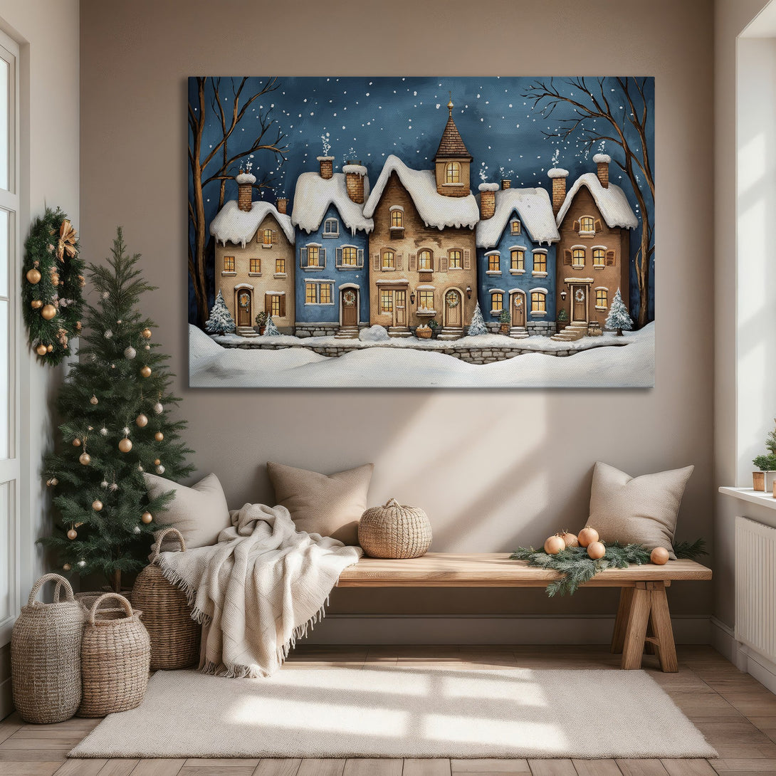 Framed Wall Art: Winter village scene in a cozy, watercolor style. Features a blue and brown color palette, perfect for adding warmth to your home.