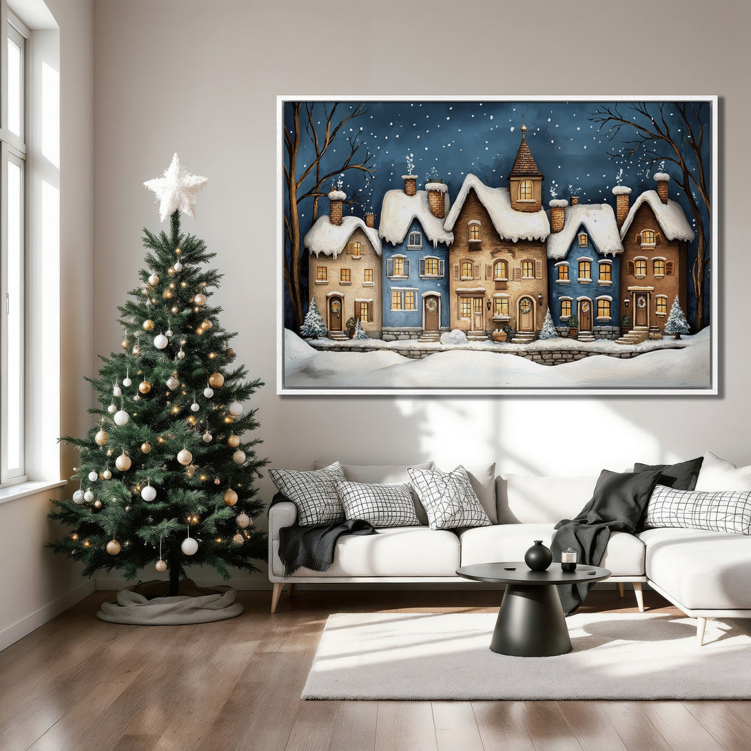 Framed Wall Art: Winter village scene in blue and brown tones. Cozy holiday decor for your home. Add charm with this Canvas Print.