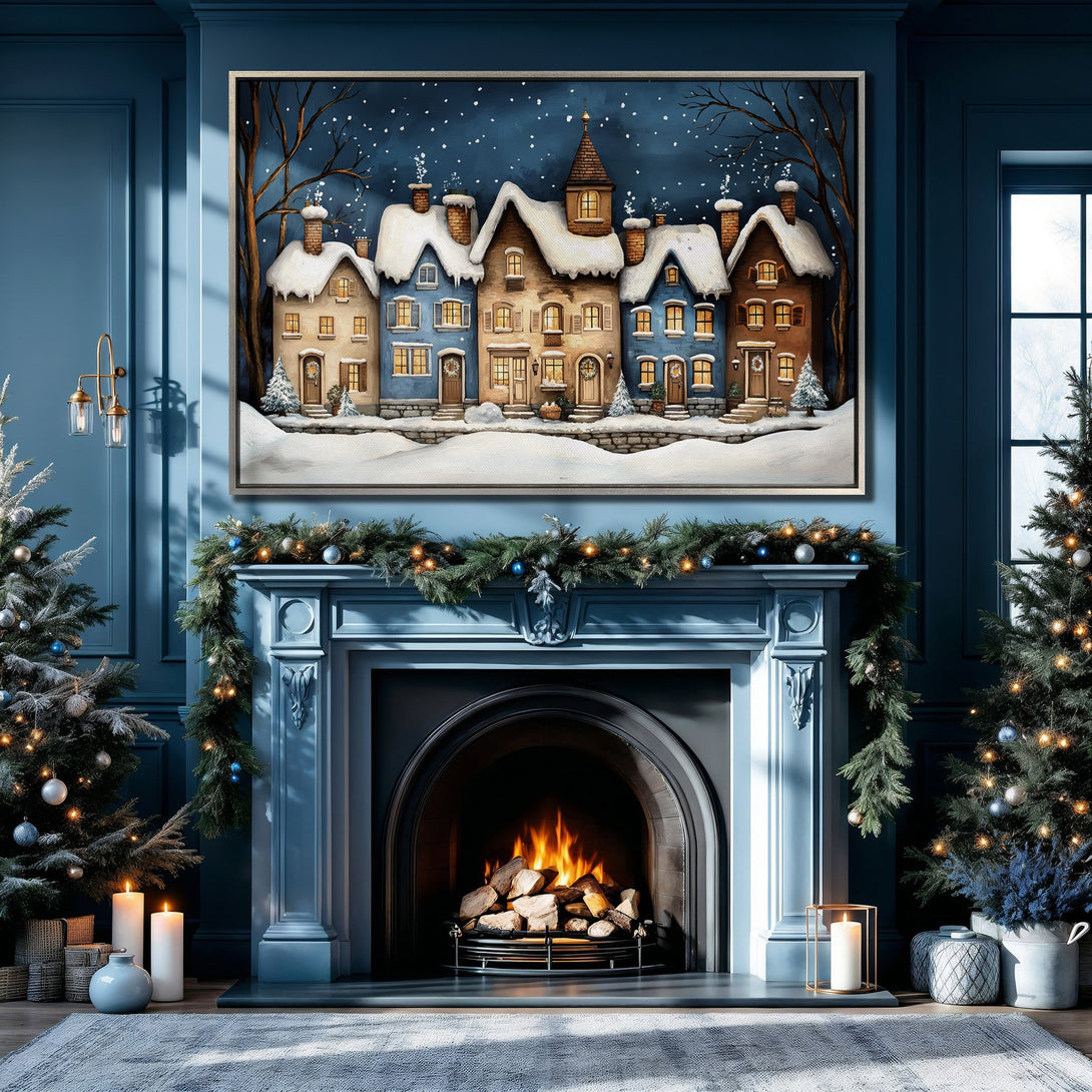 Framed Wall Art: Winter village scene in a cozy interior. Warm, inviting colors. Perfect for holiday decor. Canvas Print with a festive, whimsical style.