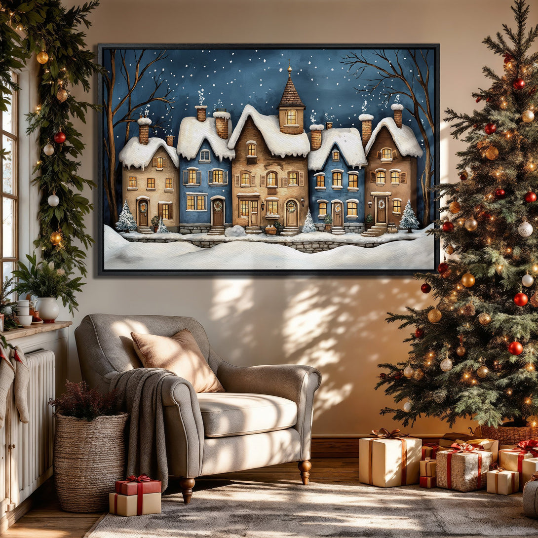 Framed Wall Art of a cozy winter village scene in blue, brown, and white. Perfect Christmas decor for a warm, inviting home.