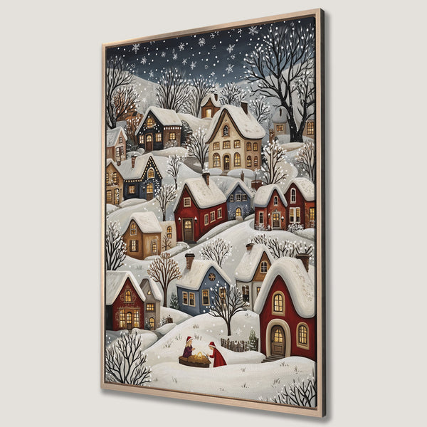 Framed Wall Art: Cozy winter village scene in a whimsical style with snow-covered houses. Warm color palette with reds, blues, and golds. Perfect for holiday decor!