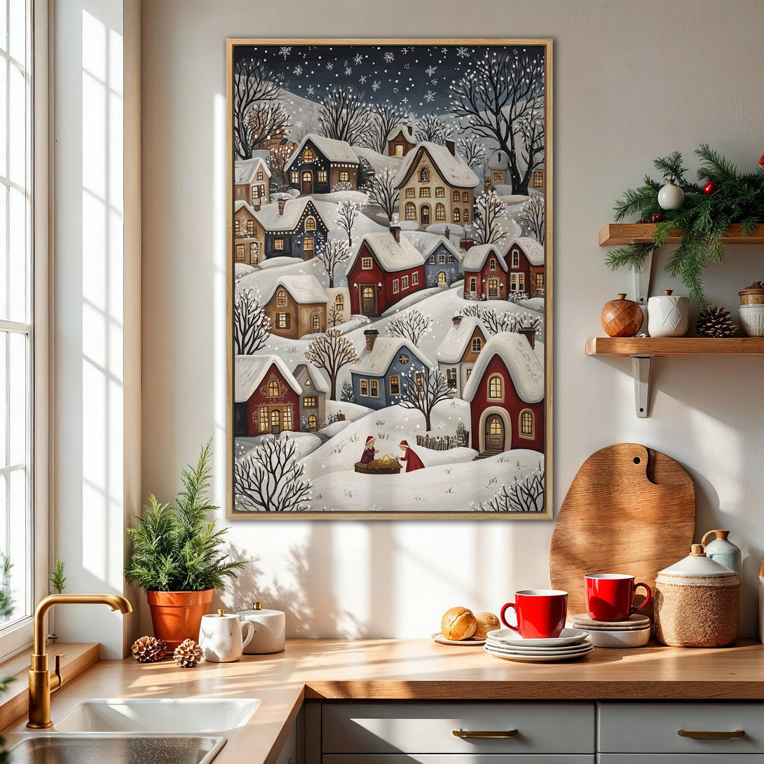 Framed Wall Art: Winter village scene in a cozy kitchen. Charming illustration with snow-covered houses, a snowy landscape, and a warm, inviting color palette. Perfect holiday decor!