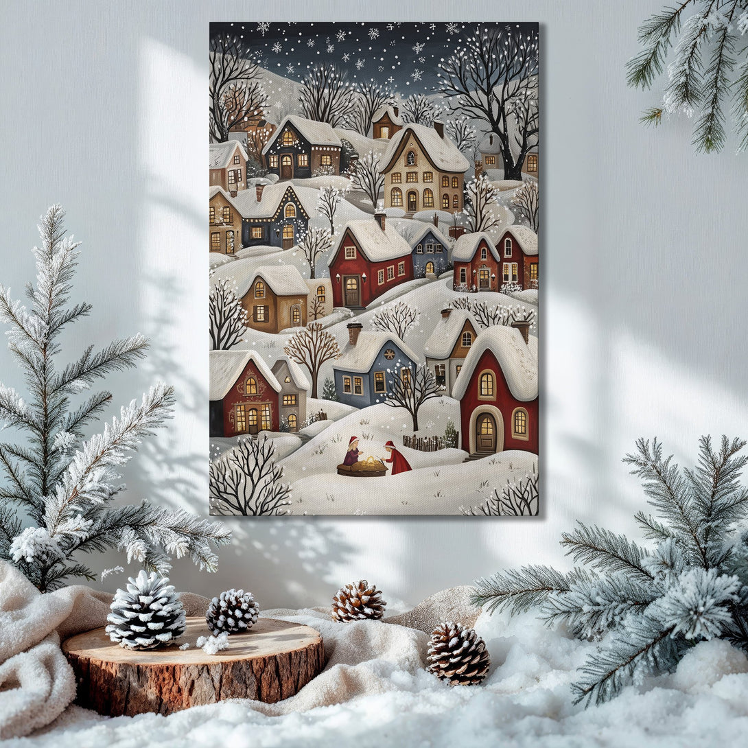 Framed Wall Art: Winter village scene in a cozy interior. Features a snowy landscape with charming homes. Warm color palette, perfect for Christmas decor.