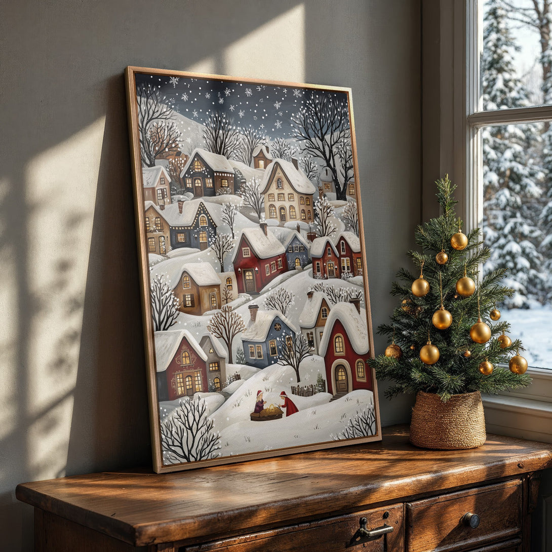 Framed Wall Art: Winter village scene in a cozy interior. Rustic style with a warm color palette of reds, blues, and browns. Perfect holiday decor!