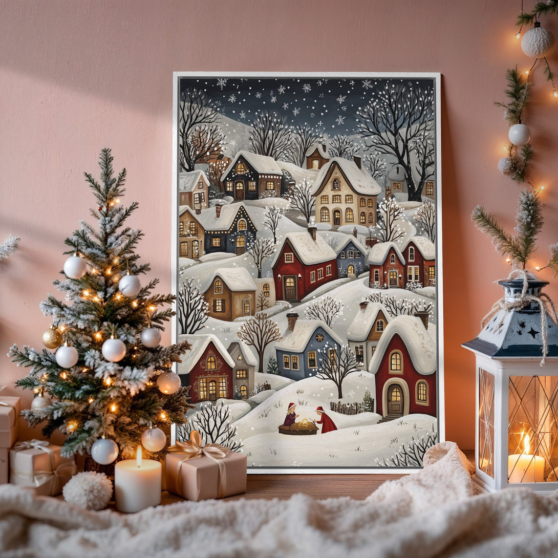 Framed Wall Art: Winter village scene in warm, inviting colors. Cozy illustration style. Perfect Christmas decor for a festive home.
