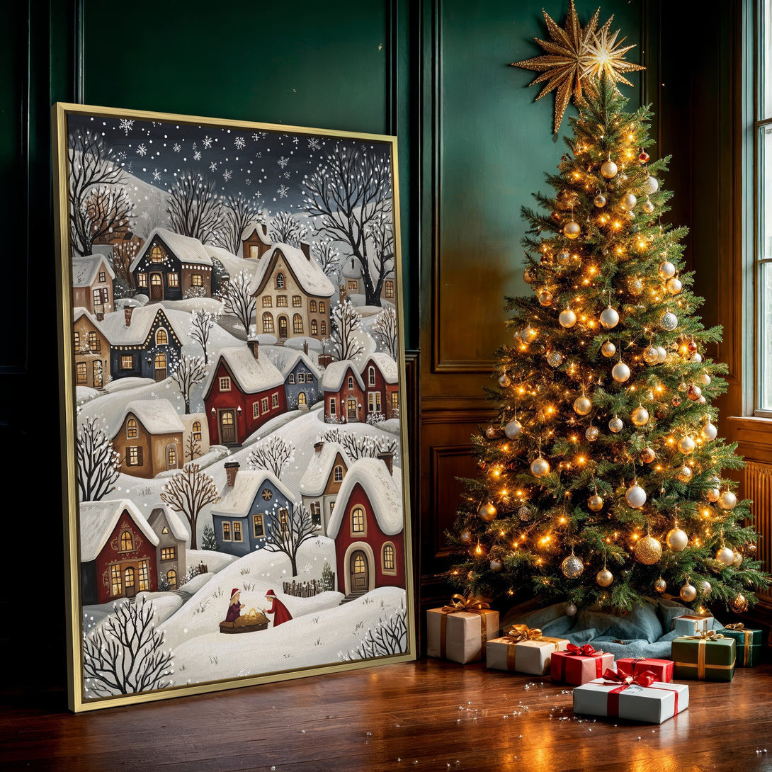 Canvas Print of a snowy village scene with warm, inviting colors. Perfect winter wall art for cozy homes!