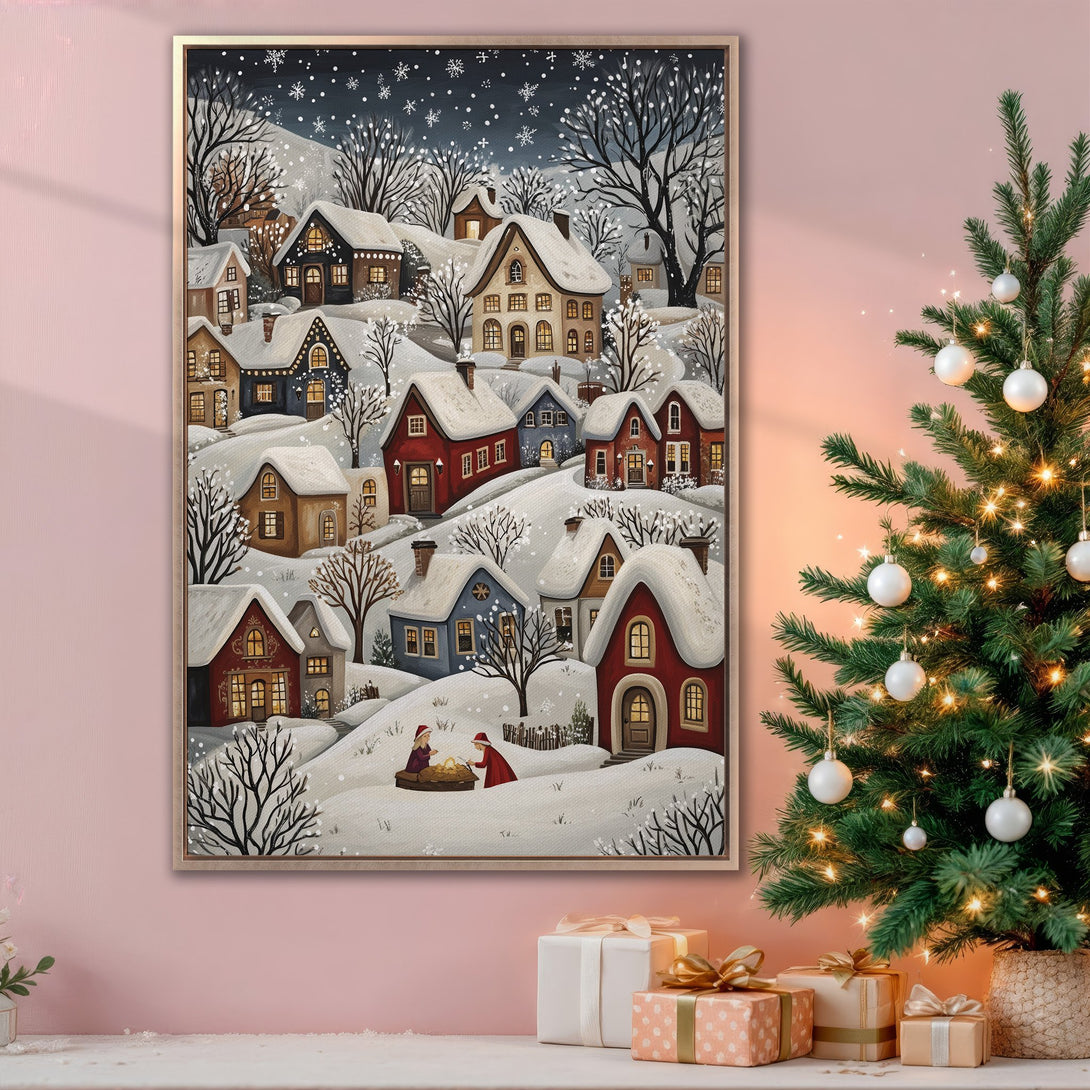 Framed Wall Art: Charming winter village scene in warm, inviting colors. Perfect holiday decor! Cozy, whimsical style with snowy rooftops and twinkling lights.