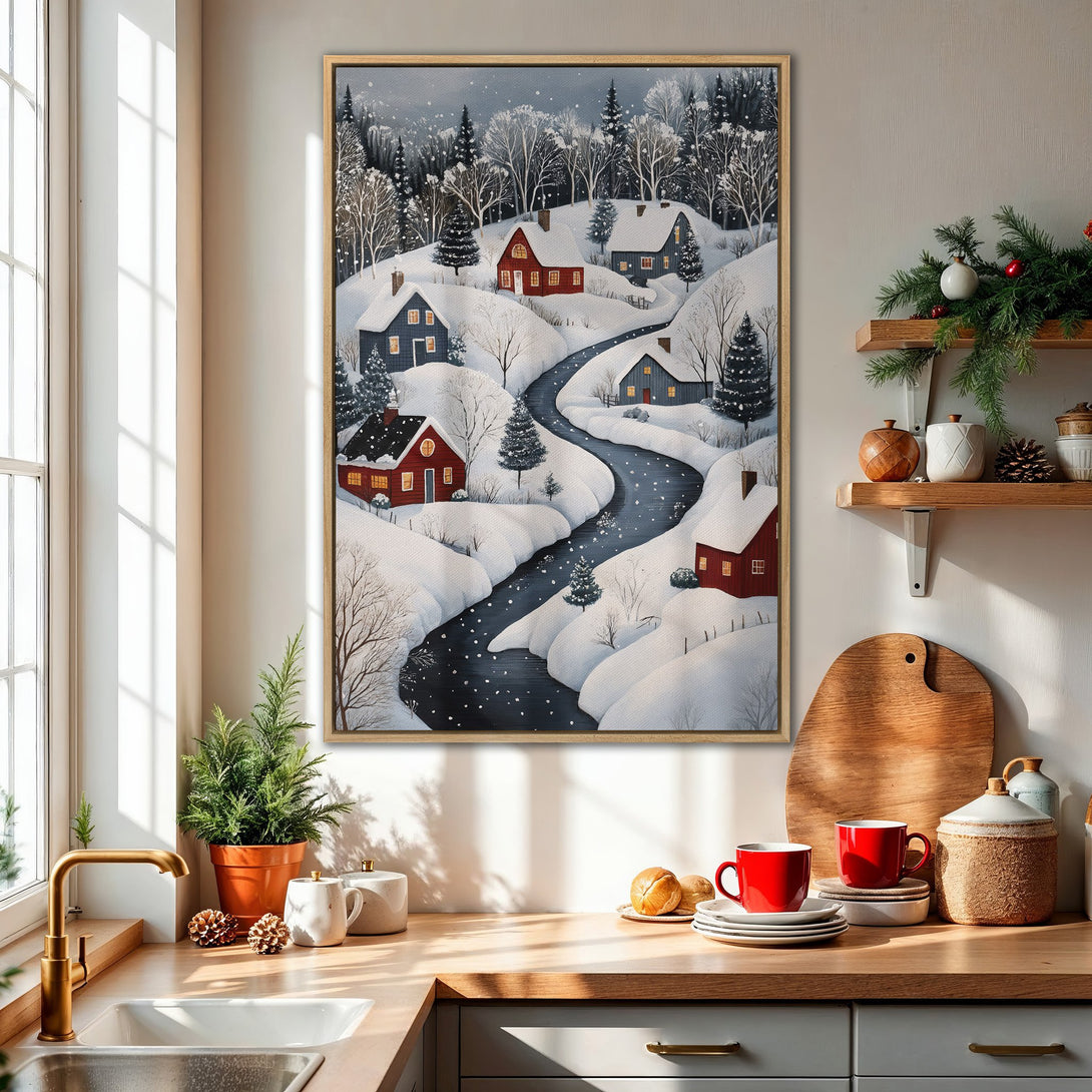 Framed Wall Art: Winter landscape canvas print with snowy village scene. Cozy, charming artwork in a cool, muted color palette. Perfect for holiday decor.