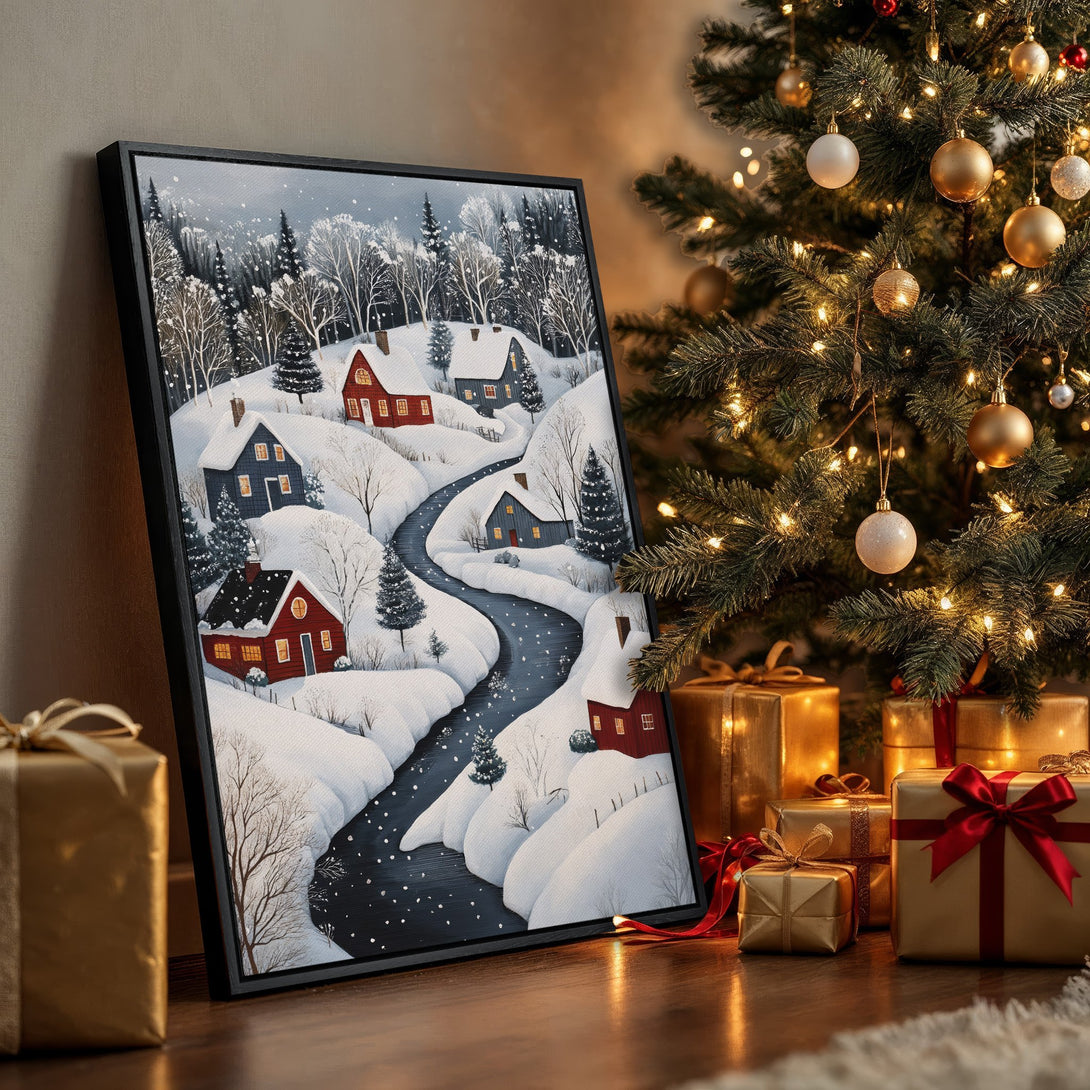 Framed Wall Art: Winter landscape Canvas Print with snowy village scene. Cozy, warm color palette with blues, reds, and whites. Perfect Christmas decor!