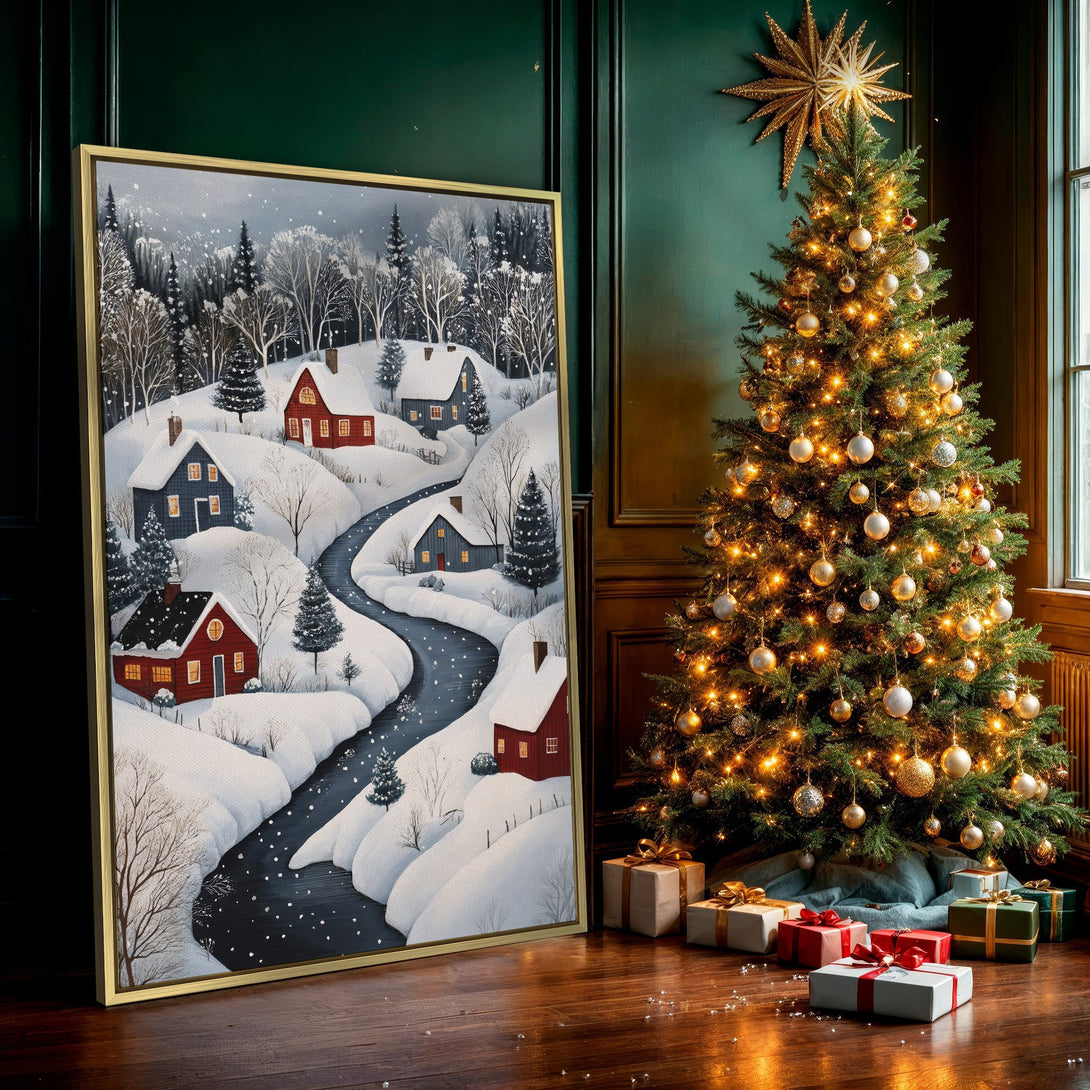 Canvas Print of a winter village scene. Cozy, folk art style with red, blue, and white color palette. Perfect for holiday decor!
