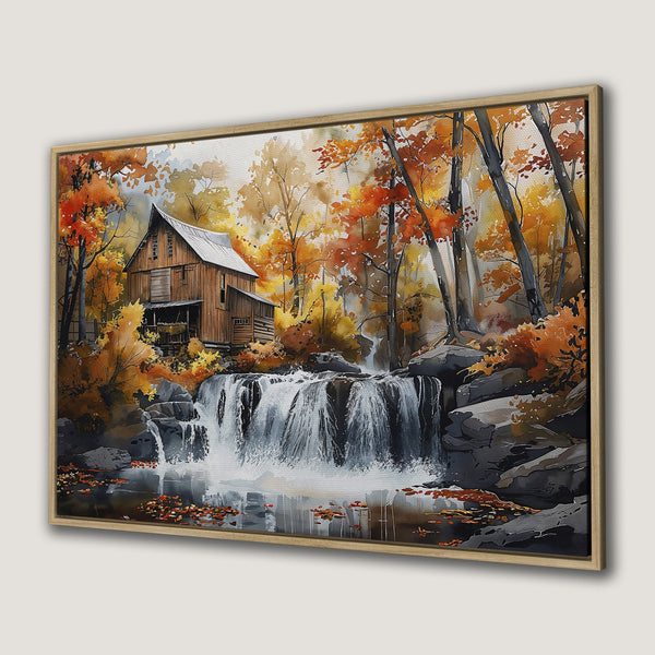 Framed Wall Art: Watercolor landscape of a waterfall and barn, featuring autumn colors. Warm orange, yellow, and brown palette. Perfect for home decor.