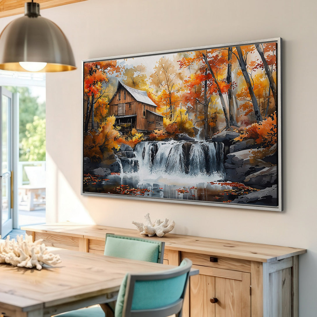 Framed Wall Art: Watercolor waterfall scene with autumn foliage in warm orange and yellow tones. Perfect for cozy home decor!