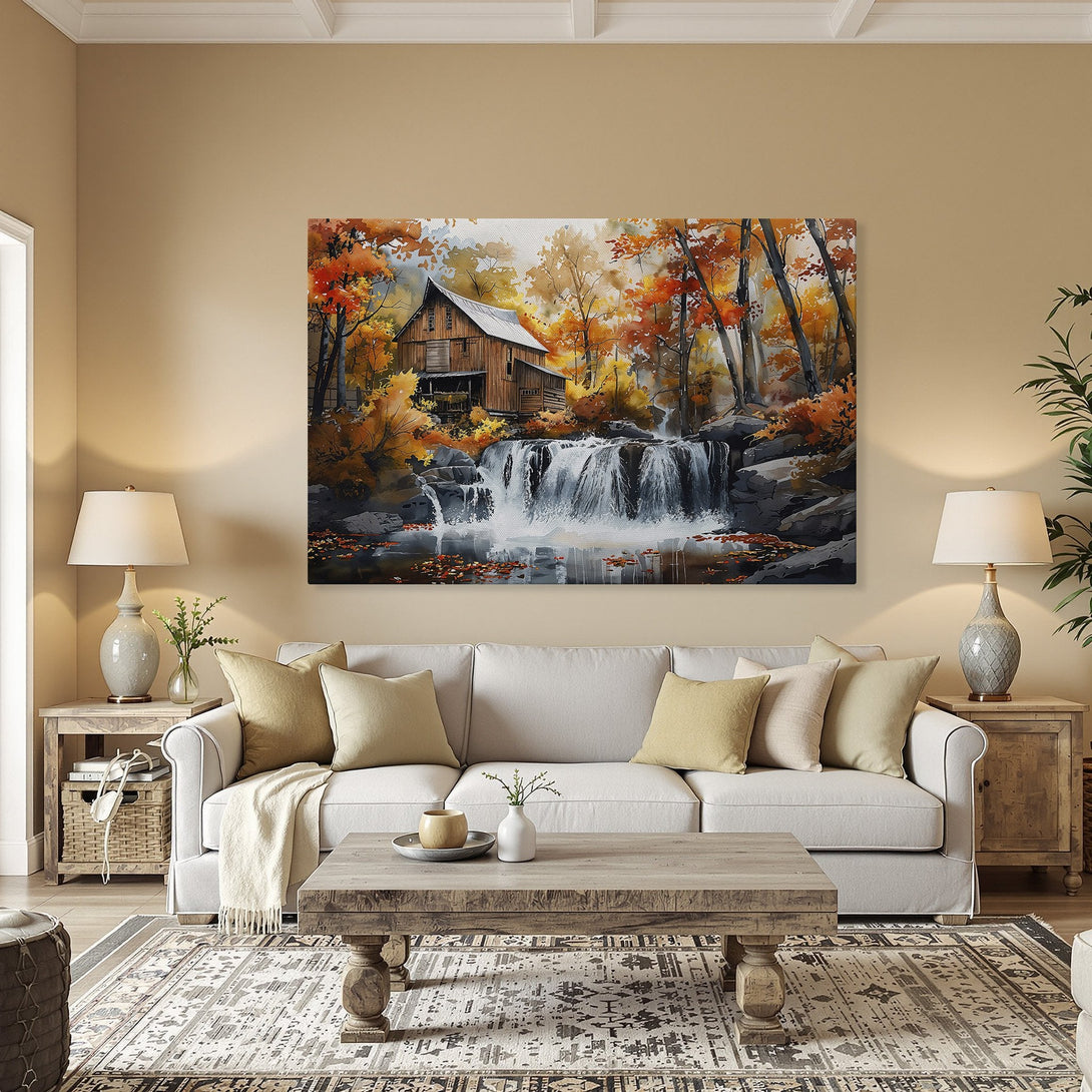 Framed Wall Art: Watercolor landscape of a waterfall & barn in autumn colors. Warm orange and gold palette, perfect for adding cozy vibes to your home.