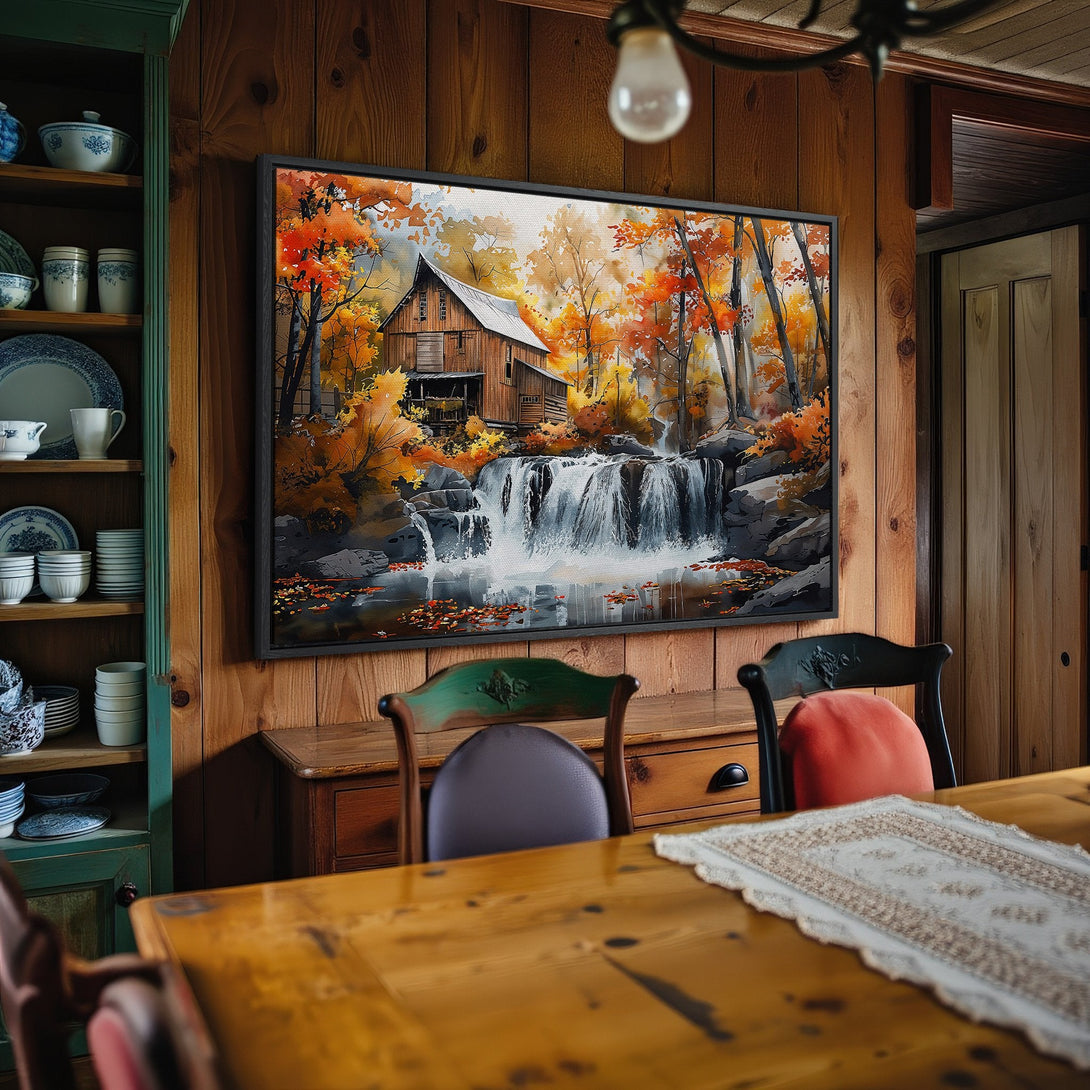 Framed Wall Art featuring a watercolor waterfall scene with autumn colors. Rustic decor for your home. Warm, inviting, and beautifully detailed.