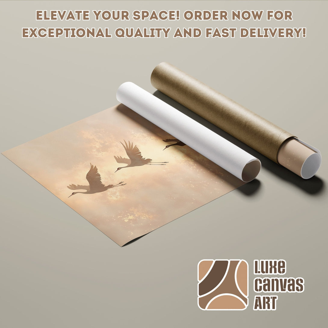 Poster Roll featuring crane art in warm, earthy tones. Elevate your space with this beautiful poster!