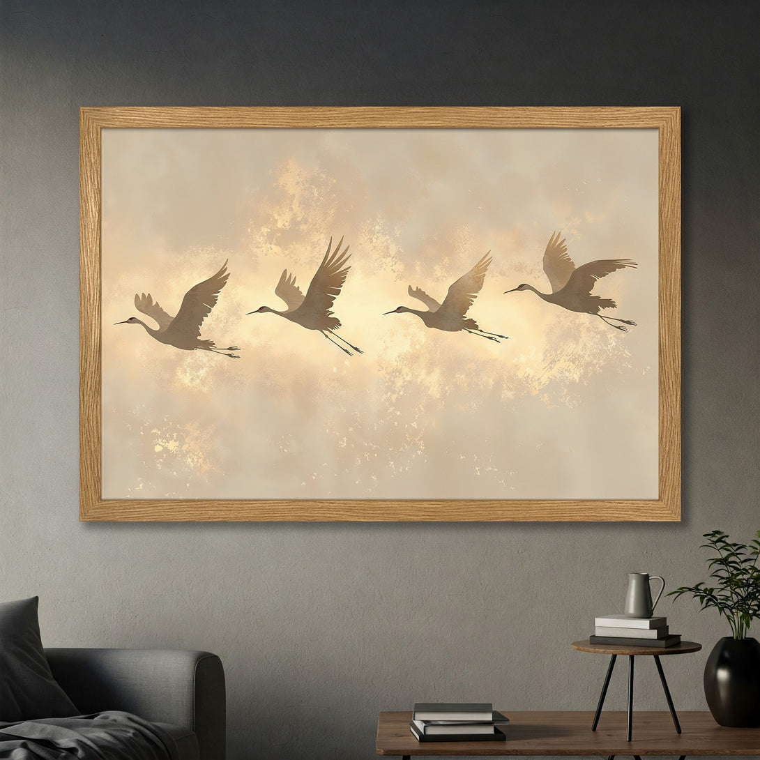 Framed Poster featuring crane silhouettes in flight, neutral color palette, and a minimalist style for modern home decor.