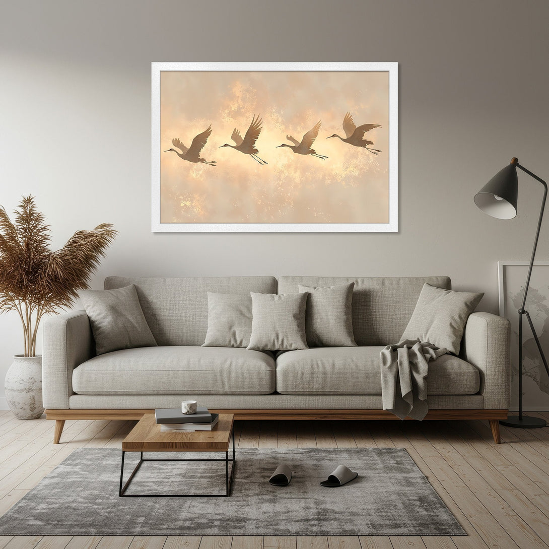 Framed Poster featuring elegant cranes in flight, warm neutral tones, perfect for adding a touch of serenity to your home decor.