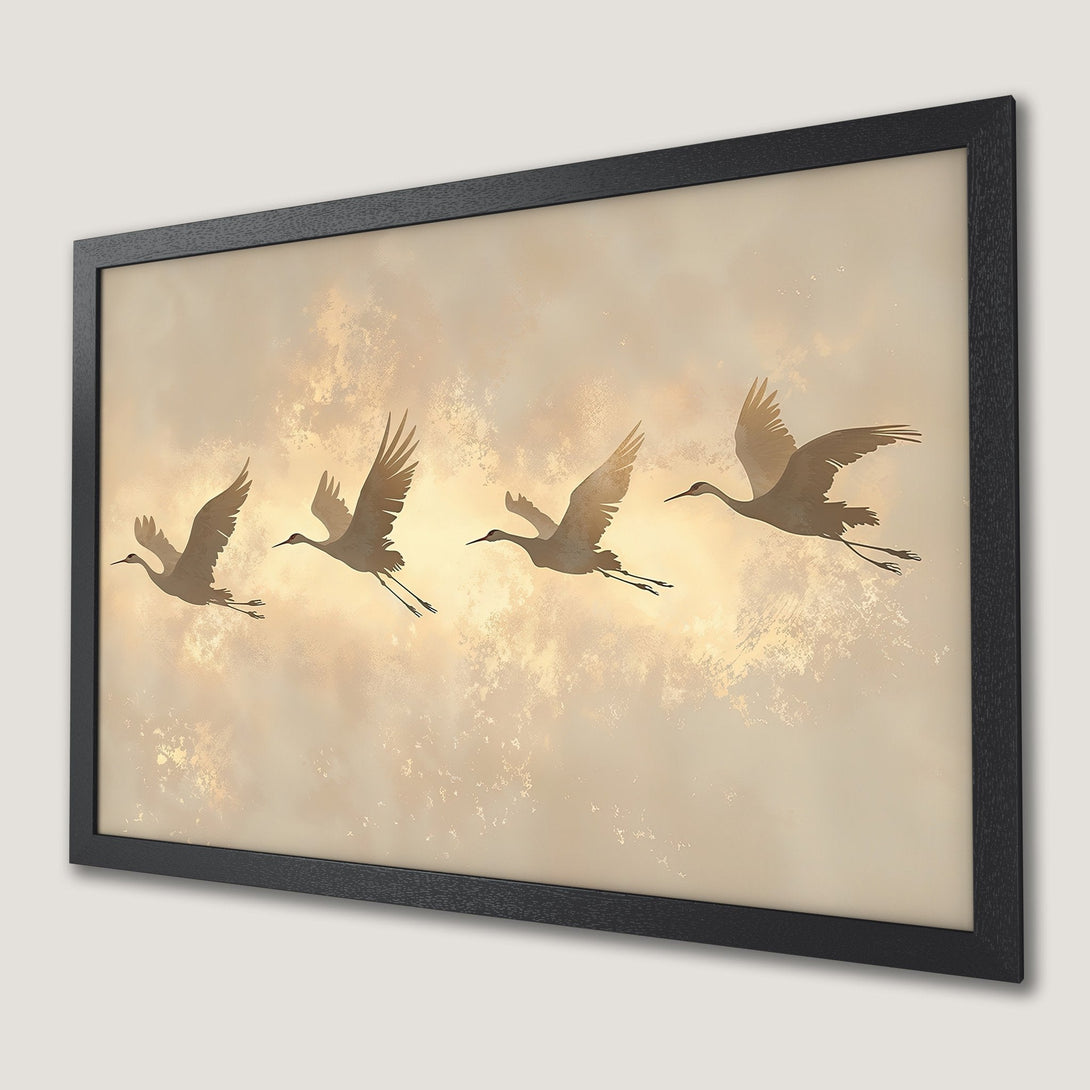 Framed Poster featuring elegant cranes in flight, warm neutral tones, perfect for home decor.