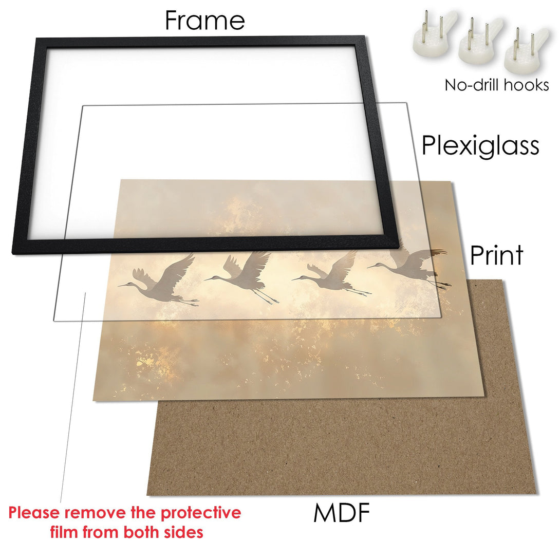 Framed Poster featuring flying cranes in a serene, beige and gold palette. Add a touch of elegance to your space!