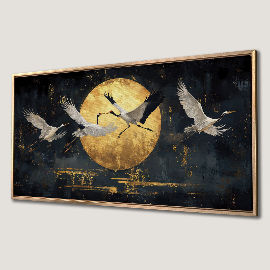 Framed Wall Art: Elegant Crane Canvas Print with gold accents. Features a Japanese-inspired design with a dark blue and gold color palette. Perfect for any decor!