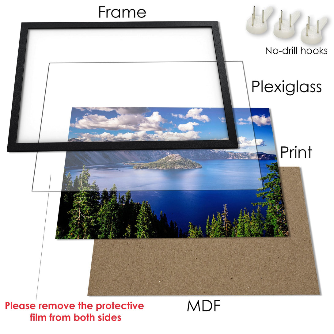 Framed Poster of a scenic lake landscape. Features vibrant blues, greens, and whites. Perfect art for your home!