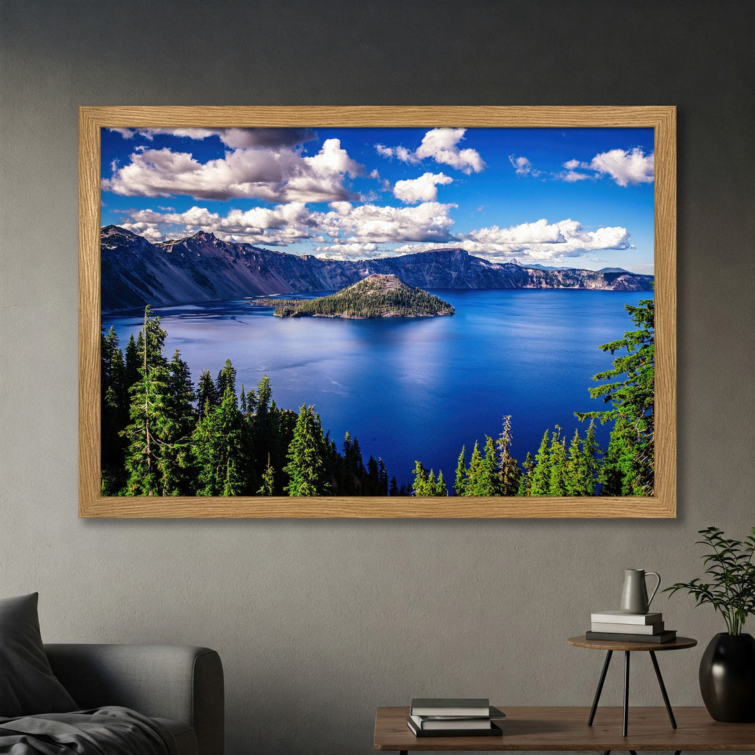 Framed Poster of a stunning lake landscape with vibrant blues, greens, and natural wood tones. Perfect wall art for your home!