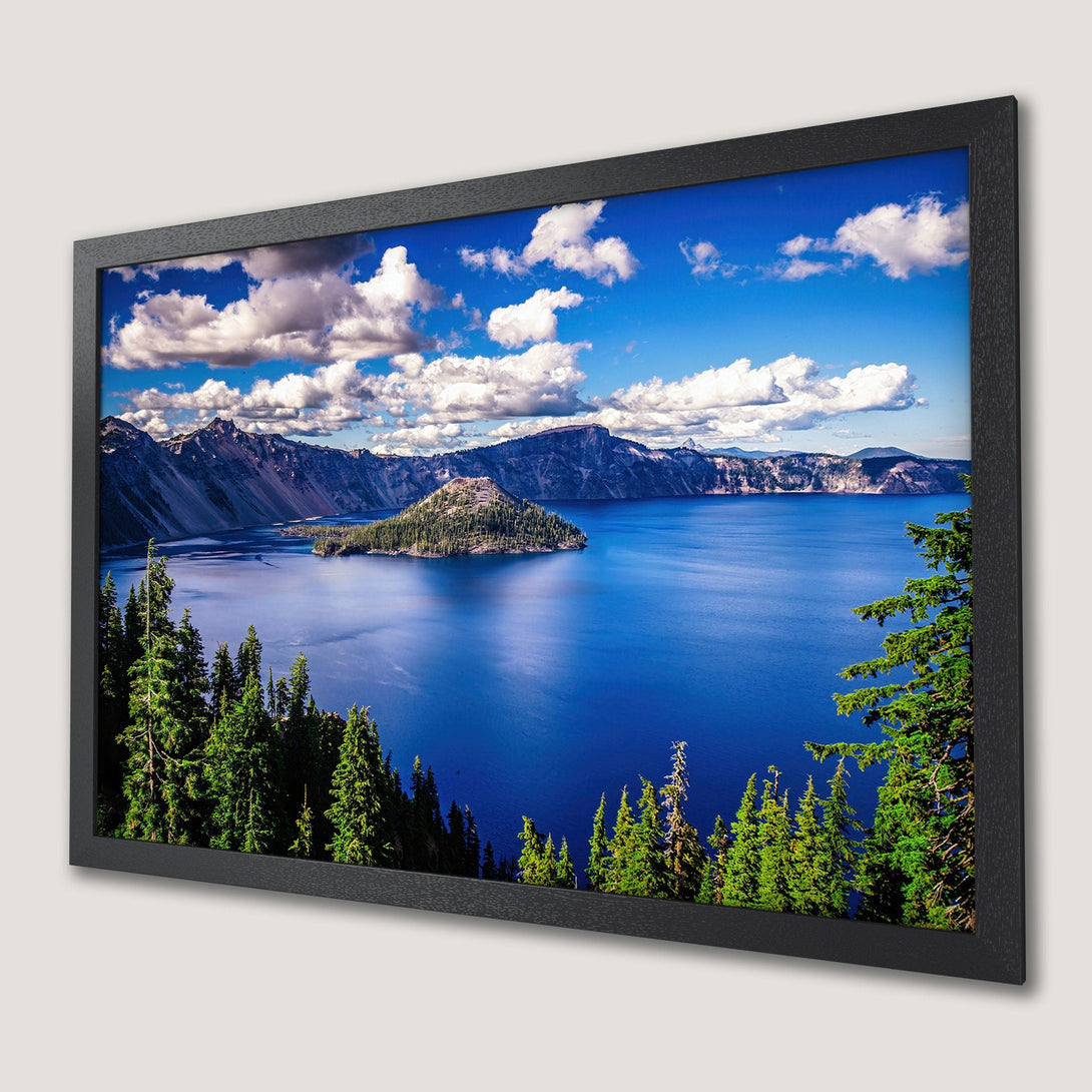 Framed Poster of Crater Lake landscape. Vibrant blue, green, and white color palette. Bring nature's beauty into your home.